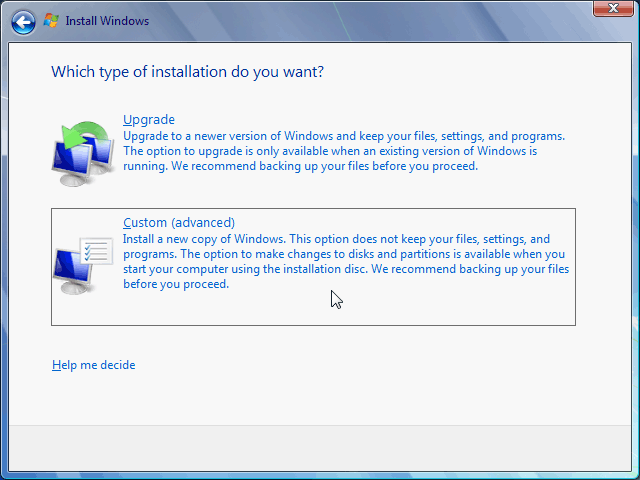 Тип установки Windows 7